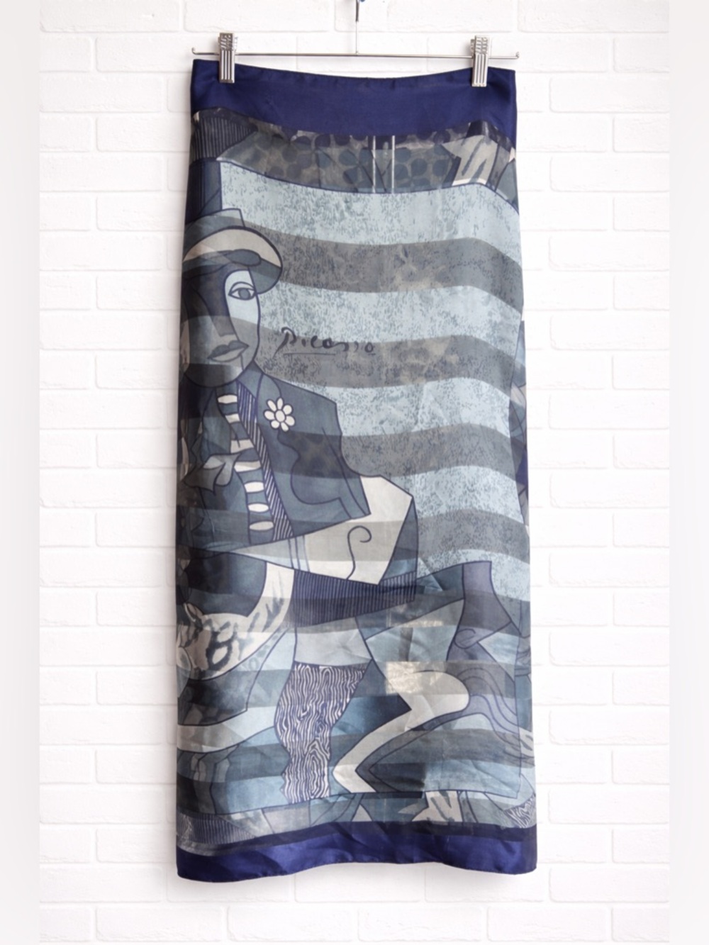 5/$20 Abstract Art Print Satin Scarf Blue Picasso Style Head Wrap Square Scarf